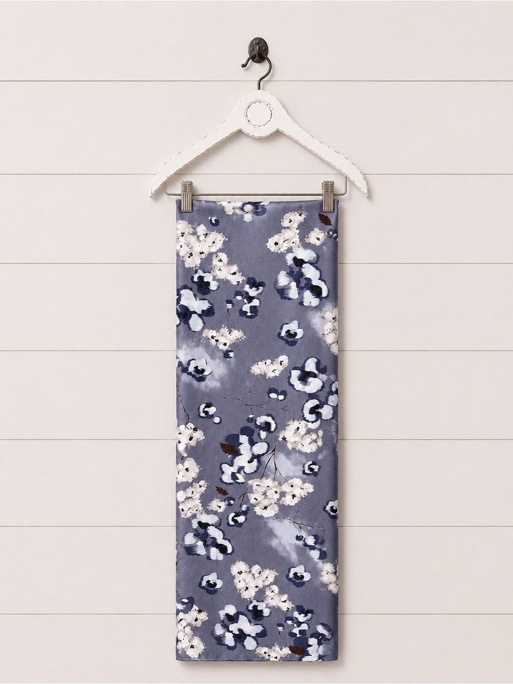 Floral Satin Infinity Scarf in Slate Blue and White
